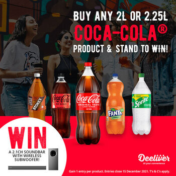 BUY ANY 2L Coke Product (Coke / Stoney / Sprite / Fanta) and  Stand a Chance to WIN an AWESOME Home Entertainment Sound Bar worth R2,000.00