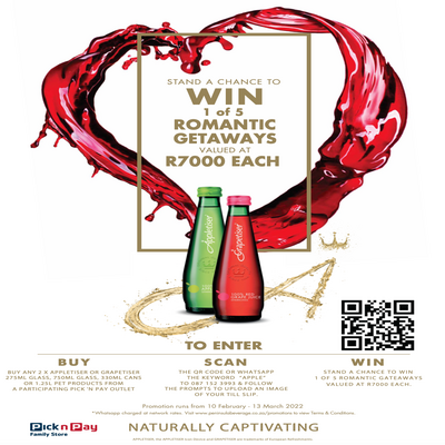 Stand a Chance to WIN 1 OF 5 Romantic Getaways valued at R7000 each. (Selected Western Cape PNP Family Stores)