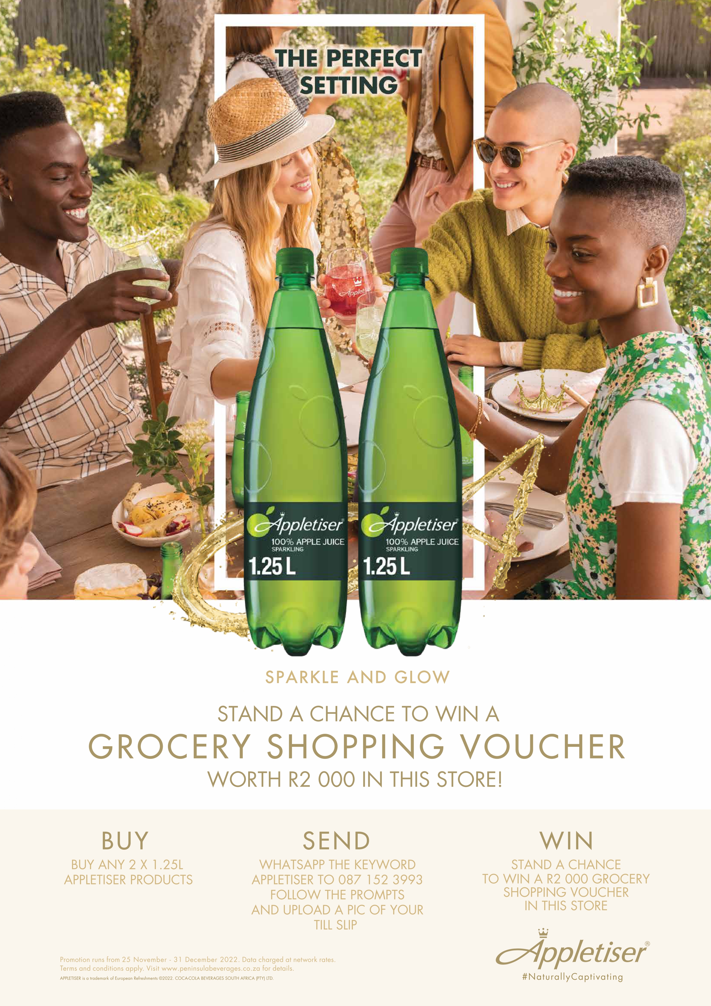 Purchase any 2 x 1.25L PET Appletiser or Grapetiser to stand a chance to win a grocery voucher worth R2000 in this store