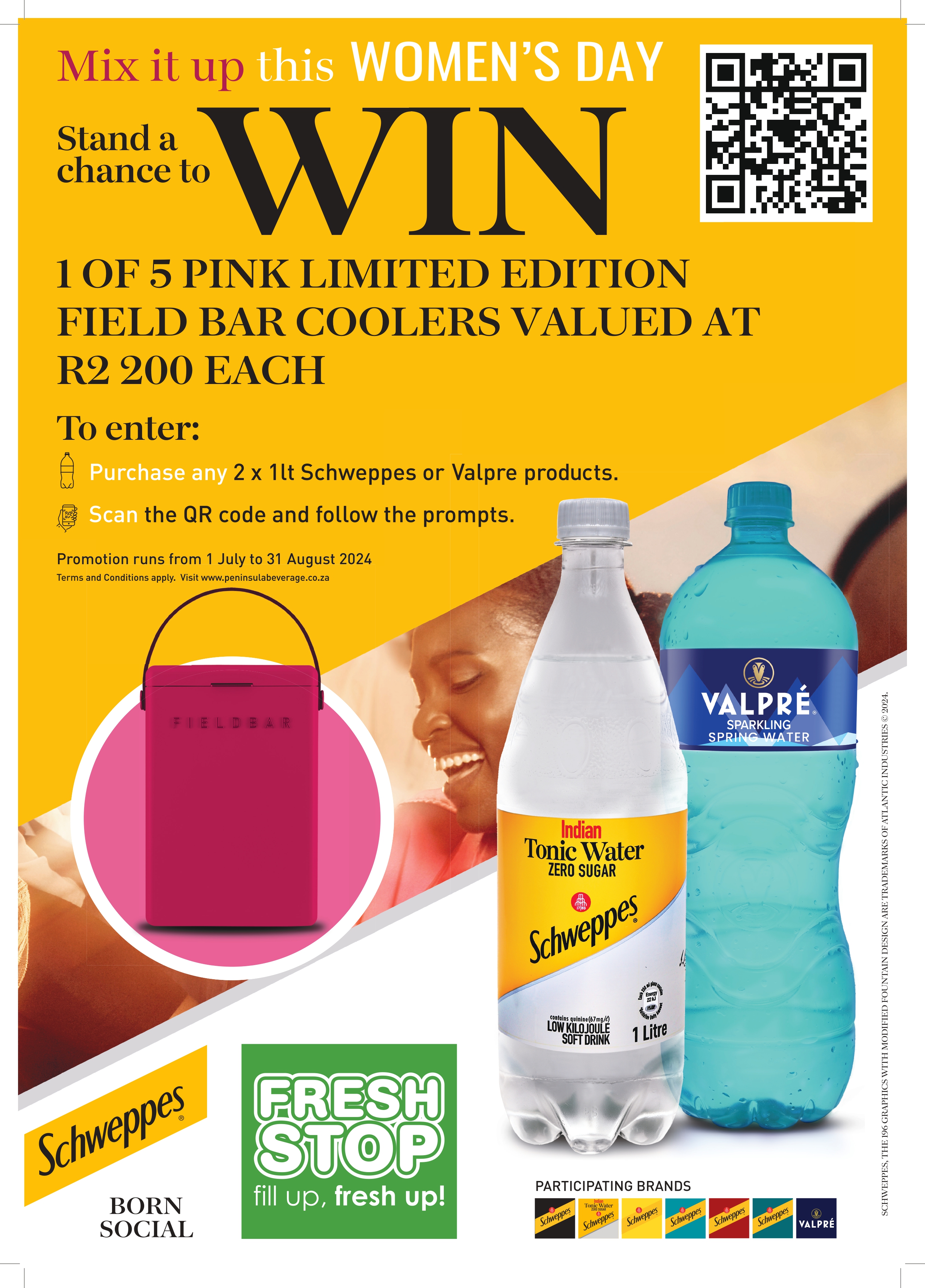 Purchase any 2x 1L Schweppes or Valpre Products to stand a chance to win 1 of 5 Pink Limited Edition Field Bar Coolers valued at R2 200.